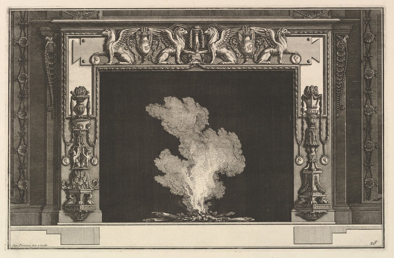 Chimenea: Grifos enfrentados en el dintel y candelabros en las jambas, ca. 1769 de Giovanni Battista Piranesi
