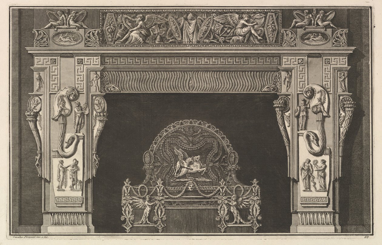 Chimenea: Friso de trofeos y victorias aladas en el dintel, con cornucopias, ca. 1769 de Giovanni Battista Piranesi