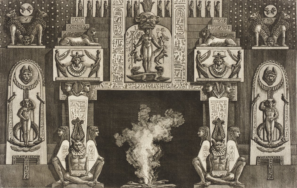 Chimenea de estilo egipcio: grupos de tres figuras agachadas en cada jamba de Giovanni Battista Piranesi