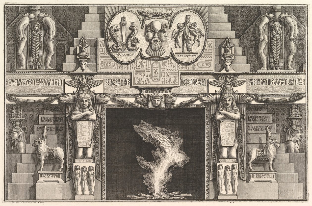 Chimenea en estilo egipcio: Grupos de tres desnudos femeninos en la base de cada j..., ca. 1769 de Giovanni Battista Piranesi