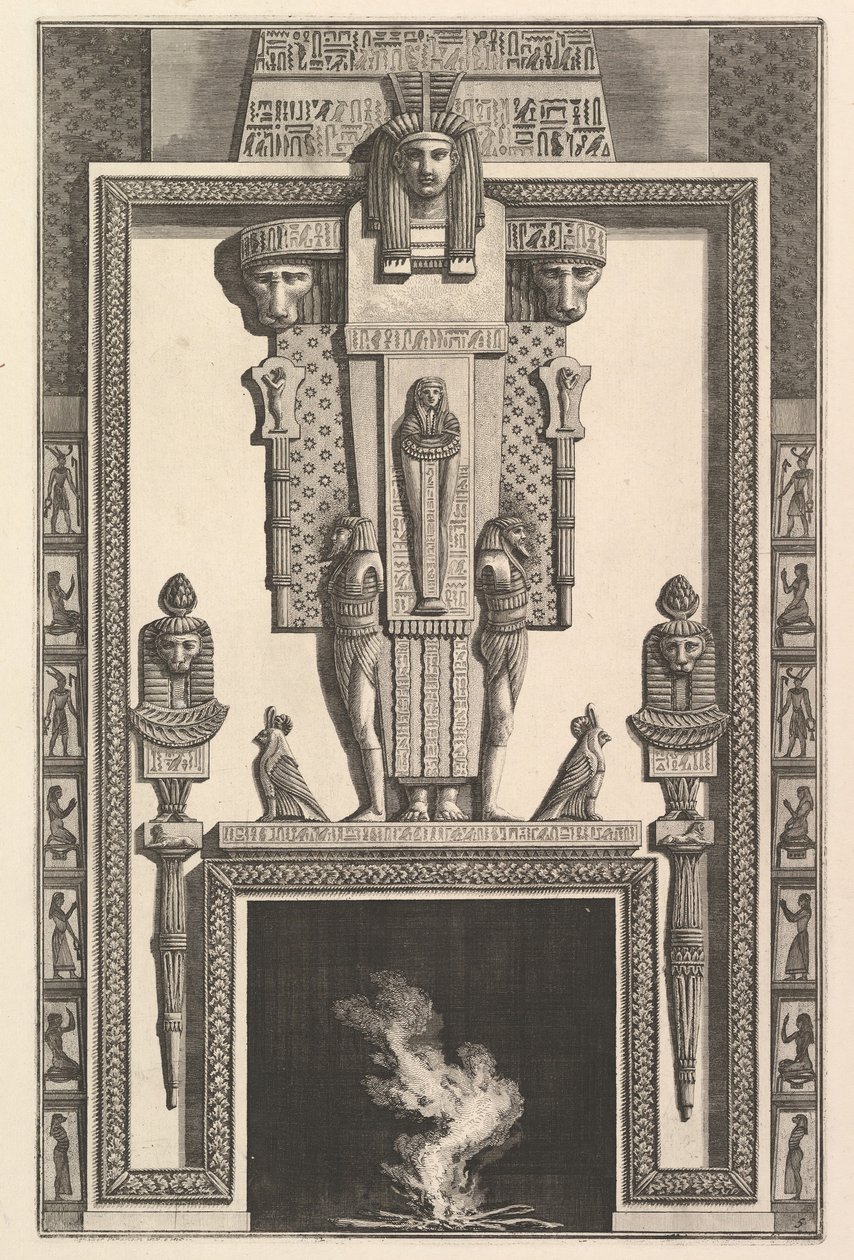Chimenea en estilo egipcio: Momia superpuesta a una gran cariátide sobre el lintel..., 1769 de Giovanni Battista Piranesi