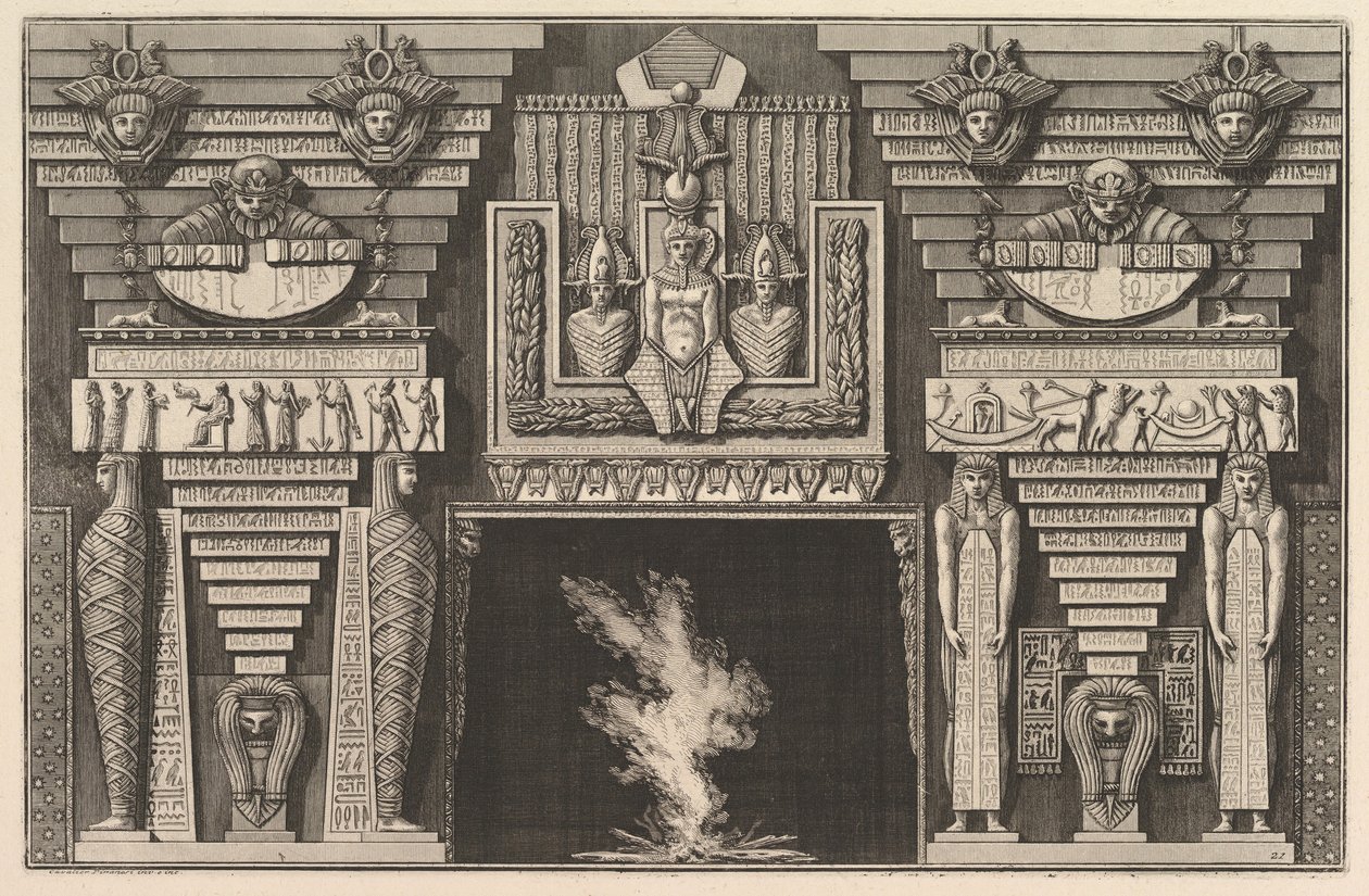 Chimenea en estilo egipcio: Dos momias de perfil a la izquierda y dos figuras... de Giovanni Battista Piranesi