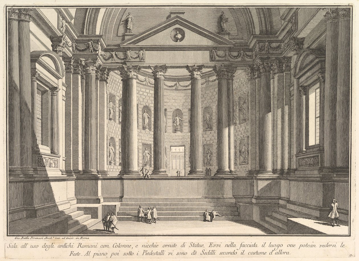 Sala columnada según la costumbre de los antiguos romanos, y nichos adornados con..., ca. 1750 de Giovanni Battista Piranesi