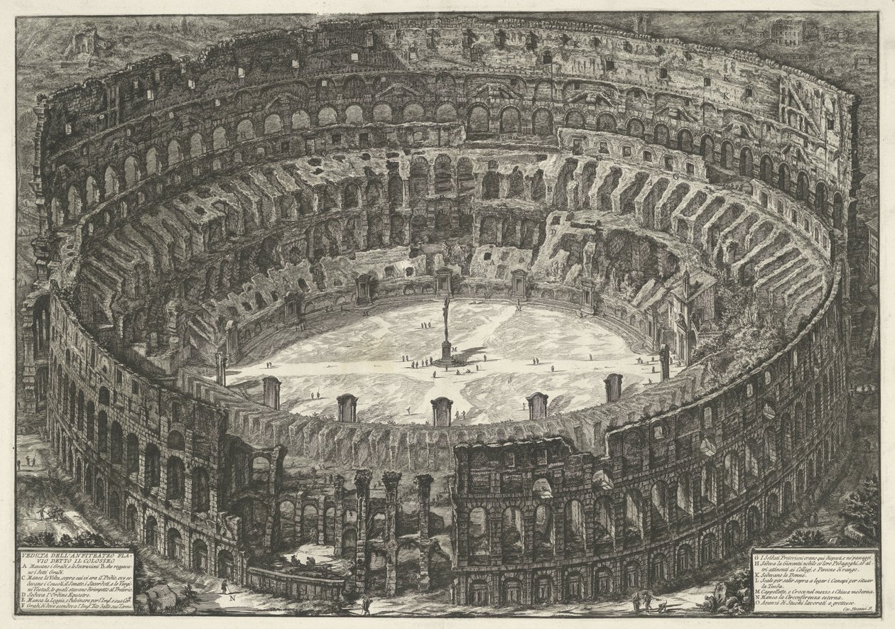 Coliseo de Roma Vista del Anfiteatro Flavio conocido como Coliseo (título sobre el objeto) Gezichten op Rome (título de la serie) Vistas de Roma diseñadas y grabadas por el arquitecto Giambattista Piranesi Ve (nez) iano (título de la serie) de Giovanni Battista Piranesi