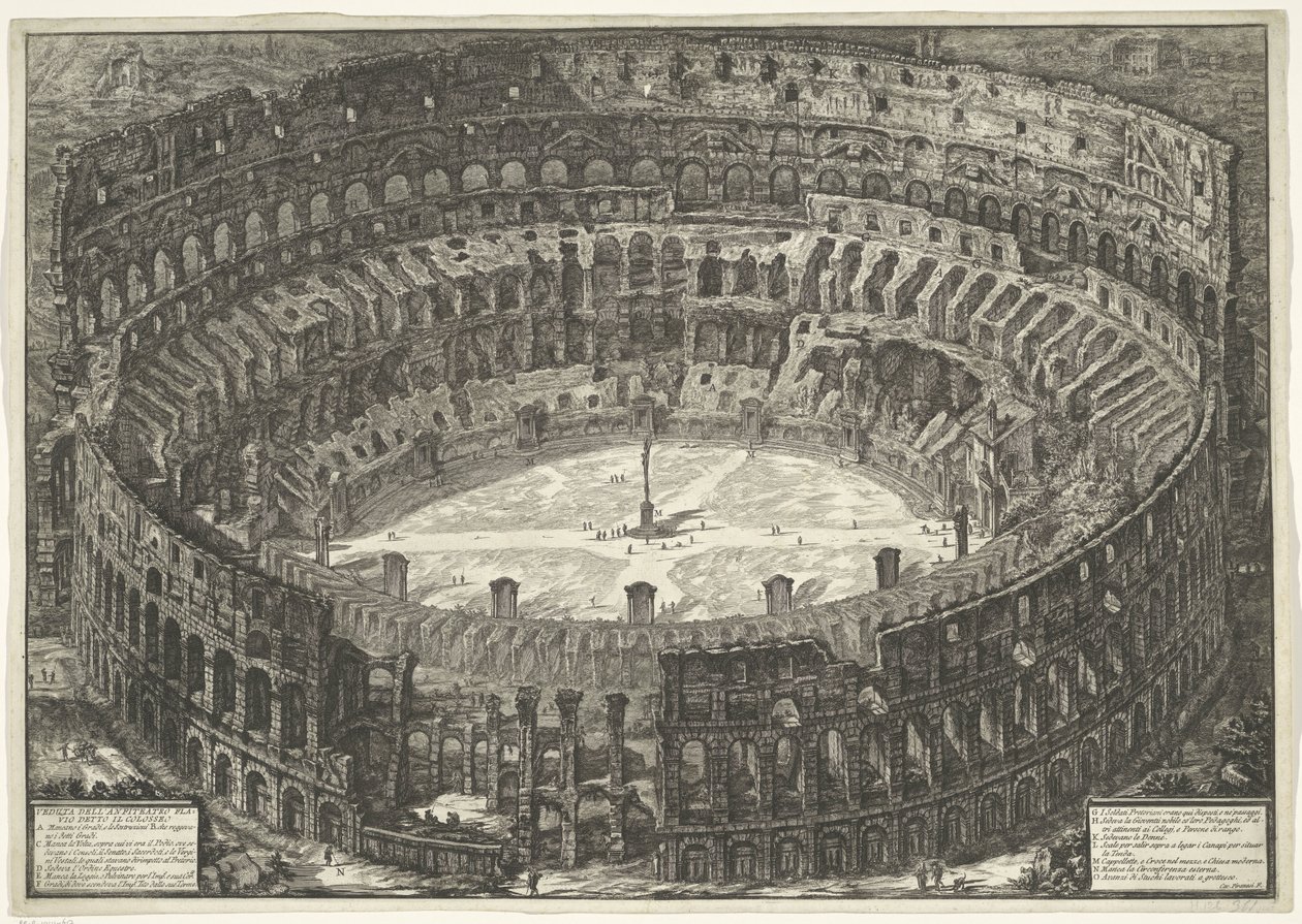 Coliseo de Roma Vista del Anfiteatro Flavio conocido como Coliseo (título sobre el objeto) Gezichten op Rome (título de la serie) Vistas de Roma diseñadas y grabadas por el arquitecto Giambattista Piranesi Ve (nez) iano (título de la serie) de Giovanni Battista Piranesi