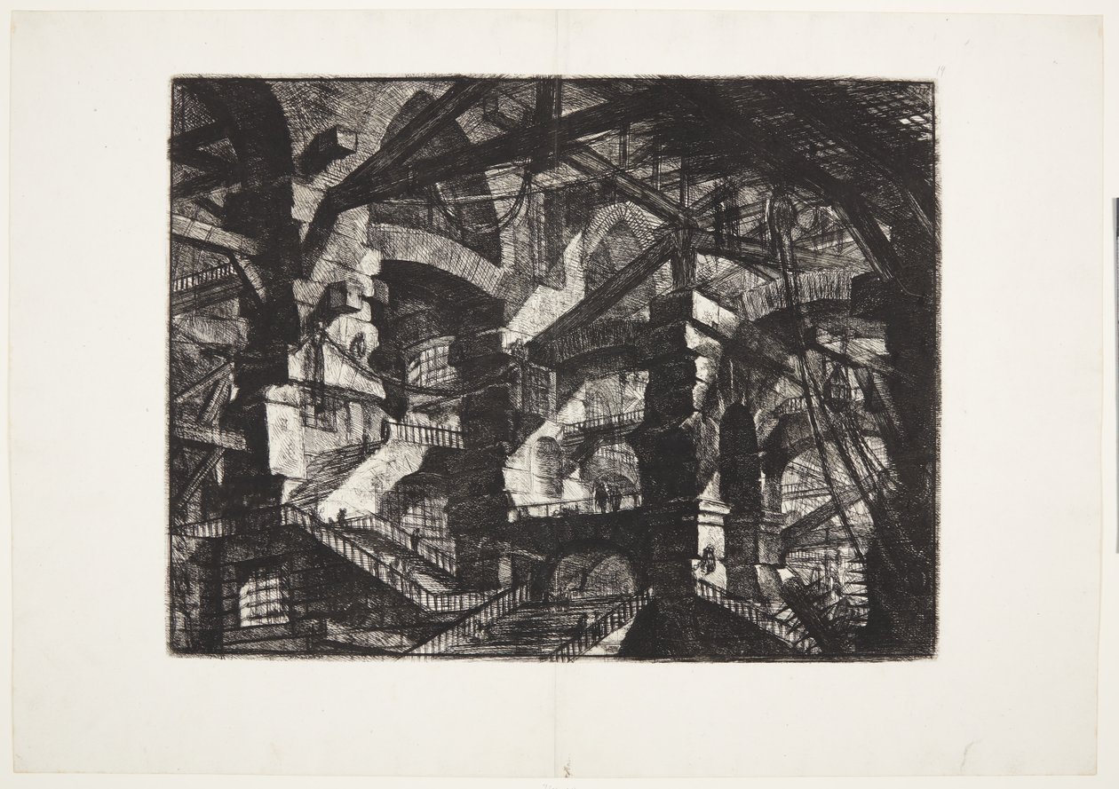 Grupos complejos de arcos en ruinas interrelacionados que sostienen vigas y cuerdas de Giovanni Battista Piranesi