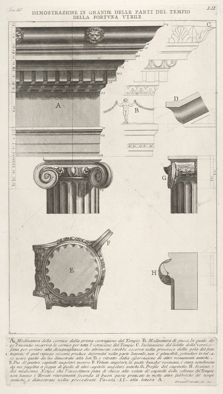 Cornisa y columna del Templo de Fortuna Virilis, de Tempio della Fortuna Virile, 1756 de Giovanni Battista Piranesi