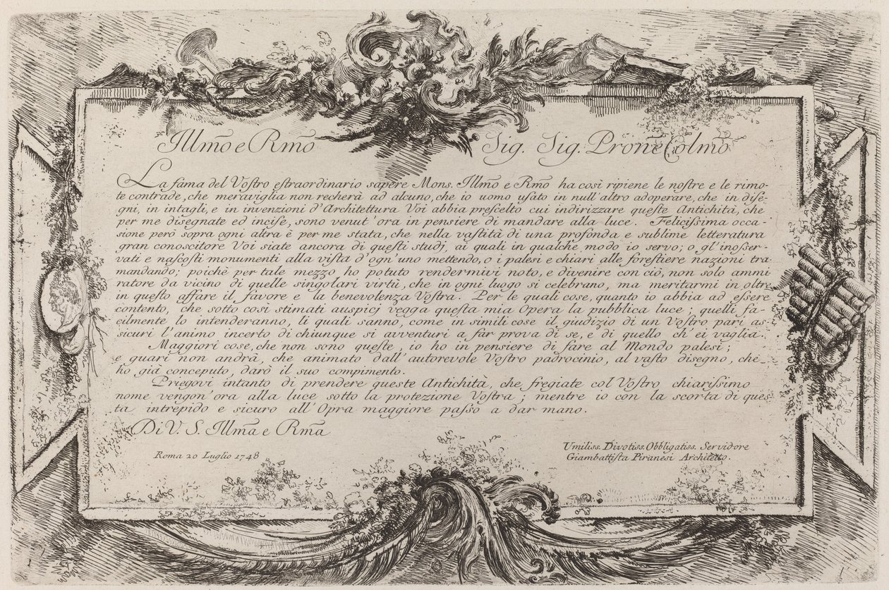 Dedicación de Giovanni Battista Piranesi