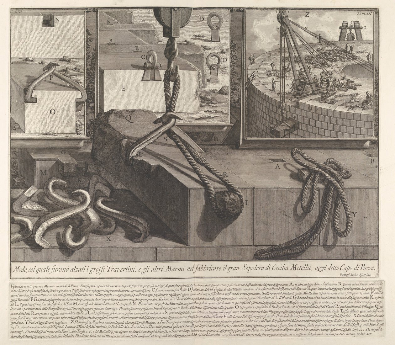 Panel de demostración que muestra la técnica para levantar bloques de travertino y mármol para la con..., 1756 de Giovanni Battista Piranesi