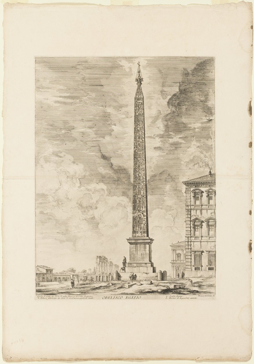 Obelisco egipcio. Este fue erigido por el Papa Sixto V en la Plaza de San Juan de Letrán, de Vistas de Roma de Giovanni Battista Piranesi