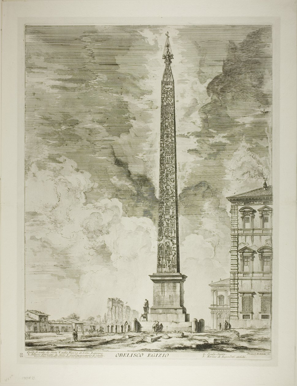 Obelisco egipcio. Este fue erigido por el Papa Sixto V en la Plaza de San Juan de Letrán, de Vistas de Roma de Giovanni Battista Piranesi