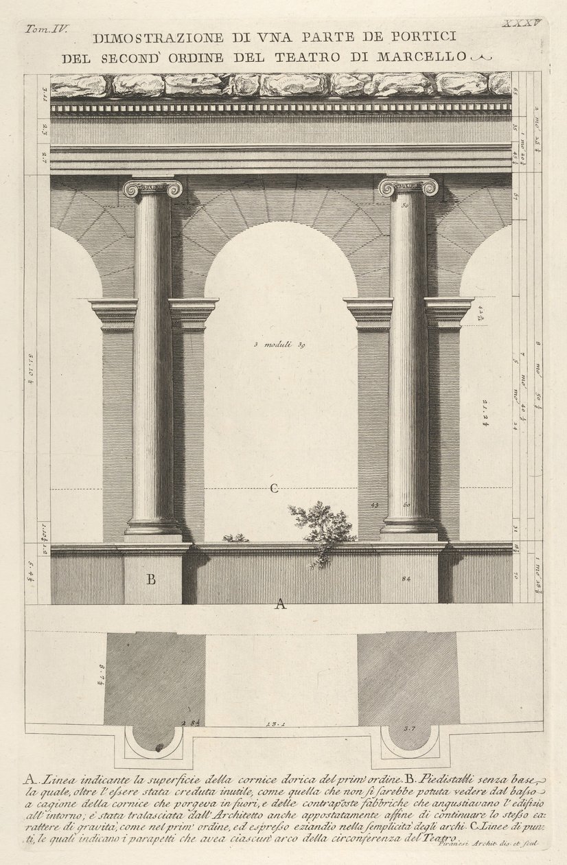 Elevación y plano del pórtico de segundo orden en el Teatro de Marcelo, 1756 de Giovanni Battista Piranesi