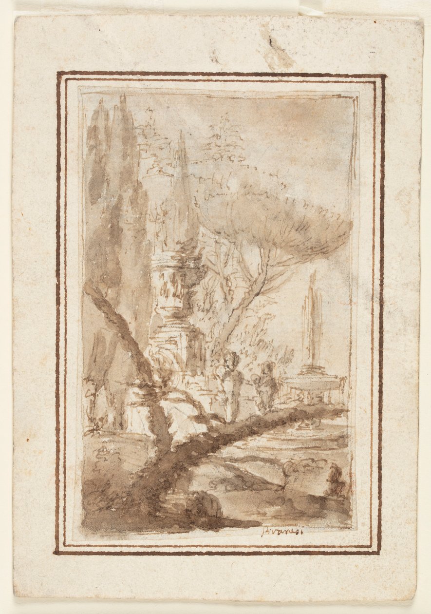 Fantasía de un jardín con una urna monumental, esculturas y una fuente de Giovanni Battista Piranesi