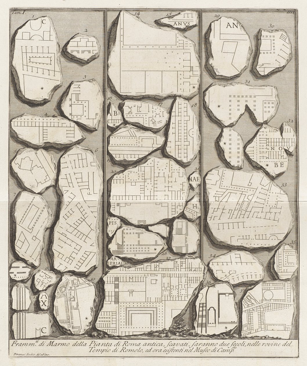 Fragmentos de mármol del plano de la antigua Roma de Giovanni Battista Piranesi