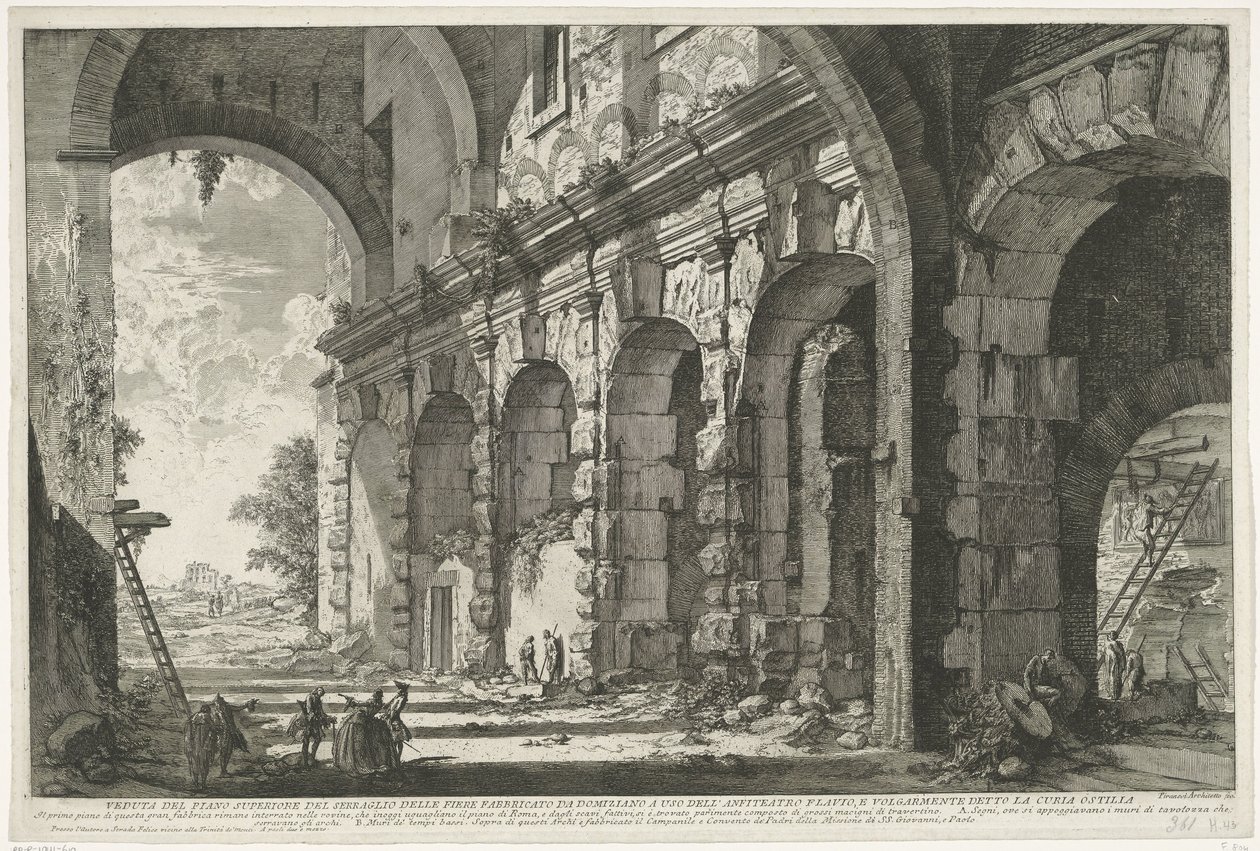 Financiamiento van de Santi Giovanni e Paolo te Rome Vista del piso superior del Serraglio delle Fiere construido por Domiciano para el uso del Anfiteatro Flavio y comúnmente conocido como Curia Ostilia (título sobre el objeto) Gezichten op Rome (título de de Giovanni Battista Piranesi
