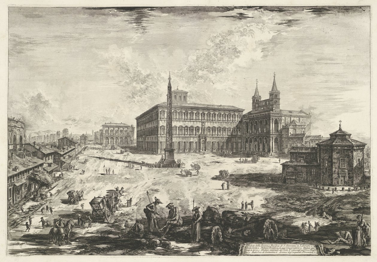 Gezicht op het Lateraan te Rome met de Sint-Jan van Lateranen Vista de la Piazza y la Basílica de S. Giovanni in Laterano (título sobre el objeto) Gezichten op Rome (título de la serie) Vistas de Roma diseñadas y grabadas por el arquitecto Giambattista Pir de Giovanni Battista Piranesi