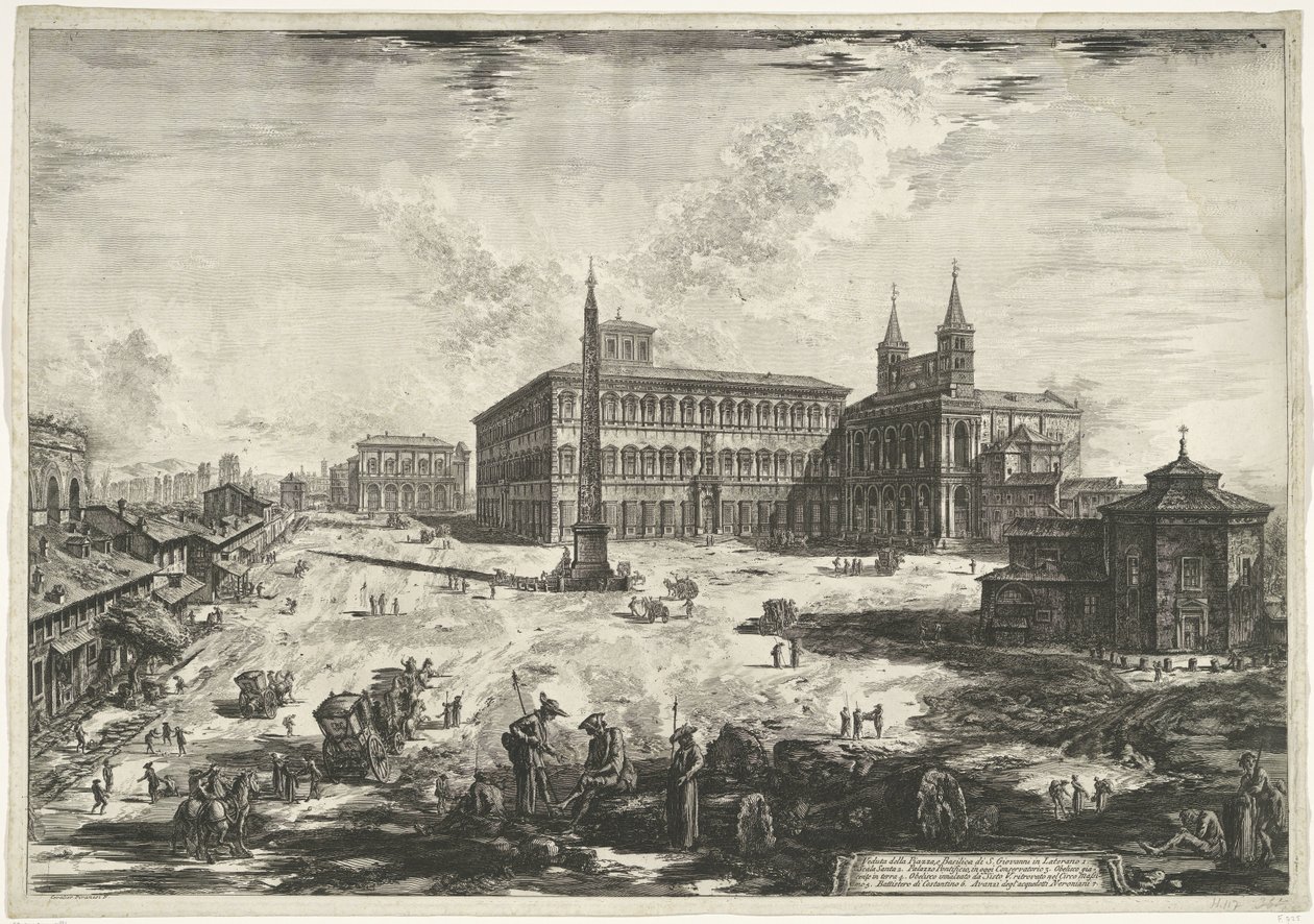 Gezicht op het Lateraan te Rome met de Sint-Jan van Lateranen Vista de la Piazza y la Basílica de S. Giovanni in Laterano (título sobre el objeto) Gezichten op Rome (título de la serie) Vistas de Roma diseñadas y grabadas por el arquitecto Giambattista Pir de Giovanni Battista Piranesi