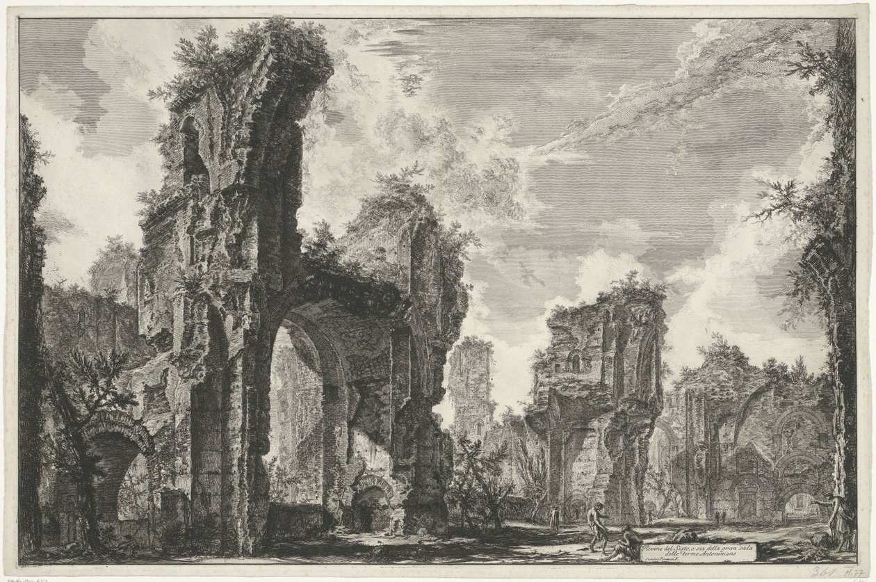 Gezichten op Rome, de Campagna, etc. (122 cuchillas) Ruinas de Sisto, o ambas del gran salón de las Termas de Antonino (título sobre el objeto) Gezichten op Rome (título de la serie) Vistas de Roma diseñadas y grabadas por el arquitecto Giambattista Pirane de Giovanni Battista Piranesi