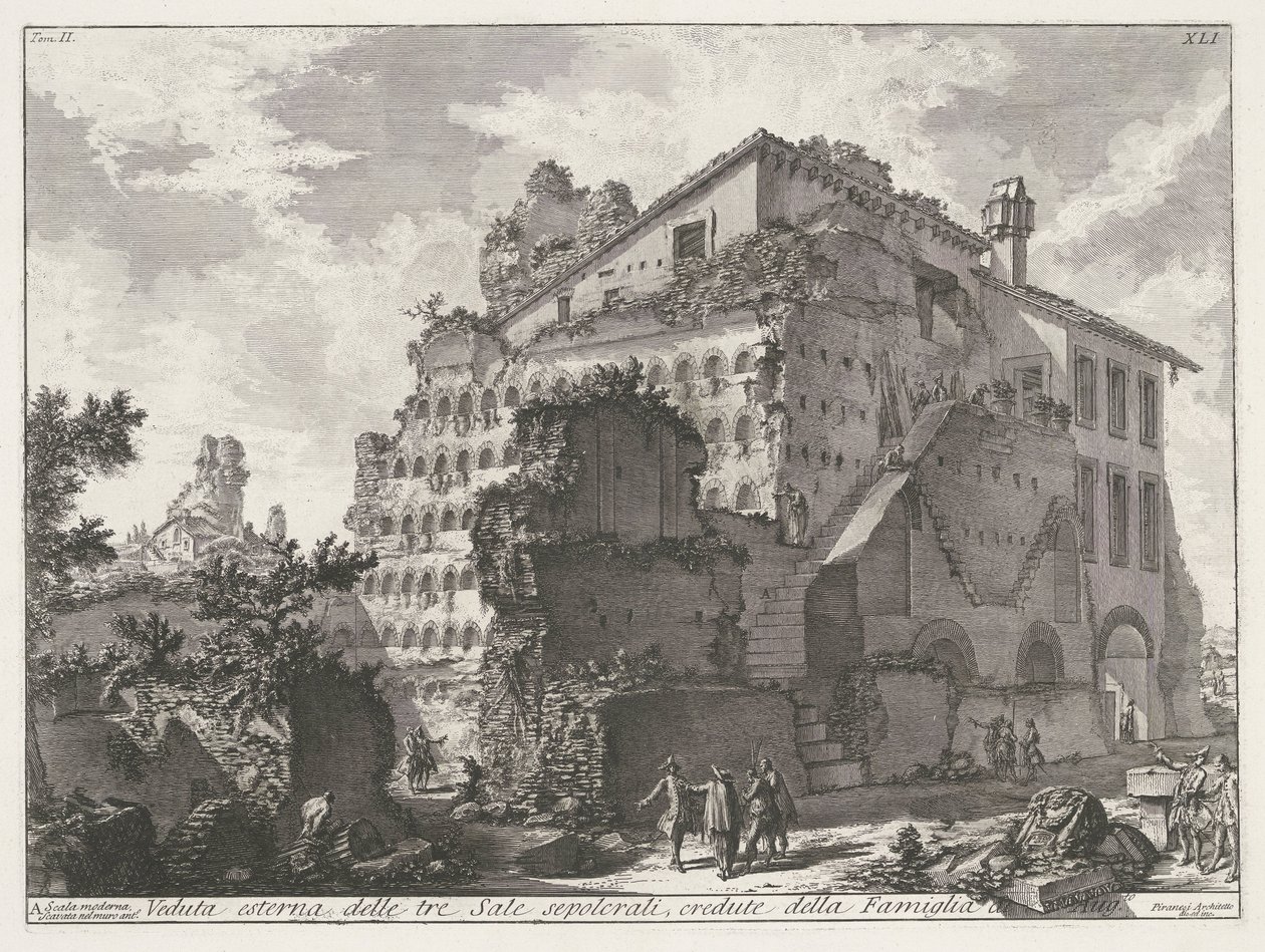 Graftombe van familie van keizer Augusto Vista exterior de las tres salas sepulcrales, creídas por la Familia Aug.to (título sobre objeto) Archeologische vondsten in en rond Rome (título de la serie) Antigüedades romanas (título de la serie) de Giovanni Battista Piranesi