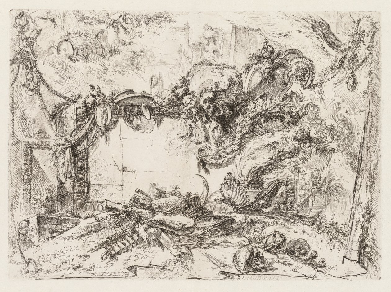 Groteschi: Ruinas con calaveras y un jarrón humeante, ca. 1745-50 de Giovanni Battista Piranesi