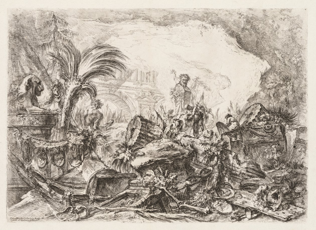 Groteschi: Ruinas con una estatua de un fauno y una columna caída, ca. 1745-50 de Giovanni Battista Piranesi