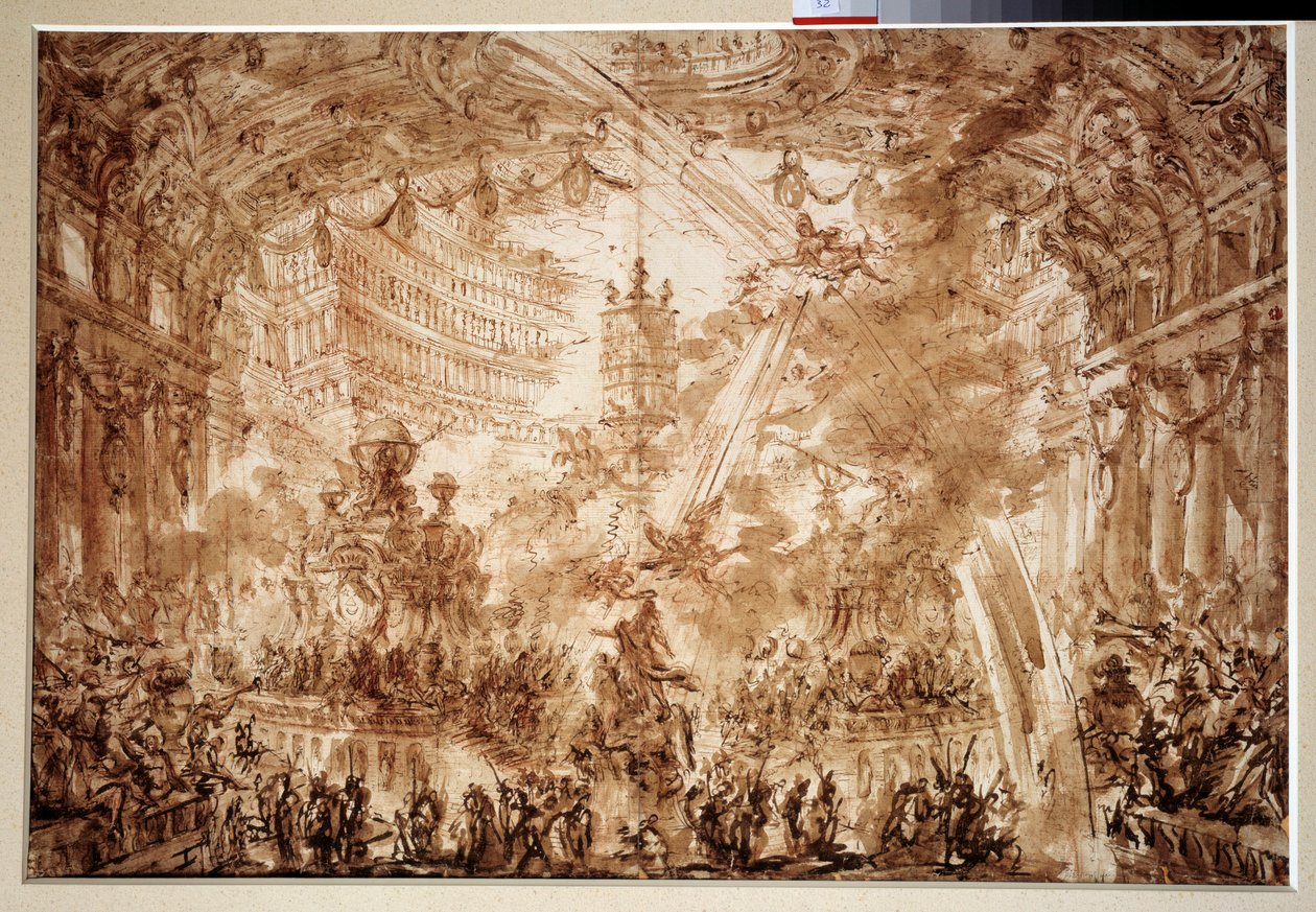 Interior de un palacio: dos Renombres voladores coronan a un personaje. Dibujo de Giovanni Piranesi (1720-1778) de Giovanni Battista Piranesi