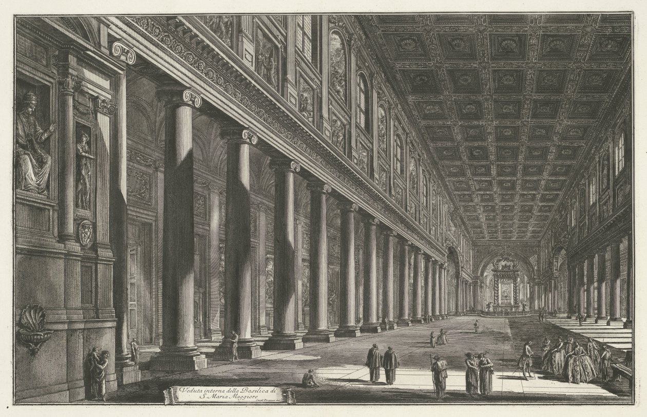 Interior van de Santa Maria Maggiore te Rome Vista interior de la Basílica de S. Maria Maggiore (título sobre objeto) Gezichten op Rome (título de la serie) Vistas de Roma diseñadas y grabadas por el arquitecto Giambattista Piranesi Ve (nez) iano (título d de Giovanni Battista Piranesi