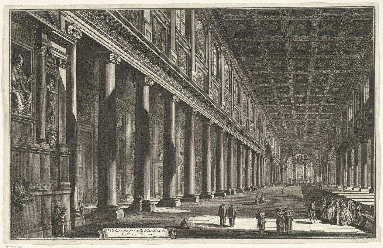 Interior van de Santa Maria Maggiore te Rome Vista interior de la Basílica de S. Maria Maggiore (título sobre objeto) Gezichten op Rome (título de la serie) Vistas de Roma diseñadas y grabadas por el arquitecto Giambattista Piranesi Ve (nez) iano (título d de Giovanni Battista Piranesi