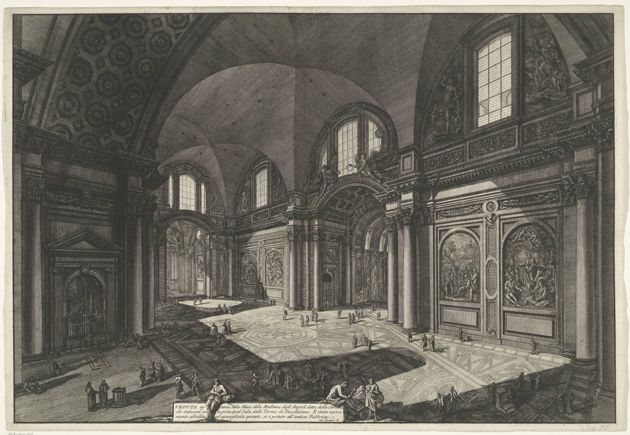 Interior van de Santa Maria degli Angeli e dei Martiri te Rome Vista interna de la Iglesia de la Madonna degli Anioli della della Certosa, que era antigua y era la Sala principal de las Termas de Diocleciano (título sobre el objeto) Gezichten op Rome (títu de Giovanni Battista Piranesi