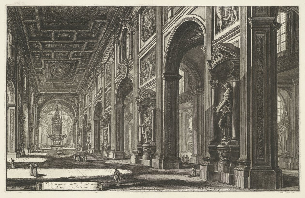Interieur van de Sint-Jan van Lateranen te Rome Vista interior de la Basílica de S. Giovanni Laterano (título sobre objeto) Gezichten op Rome (título de la serie) Vistas de Roma diseñadas y grabadas por el arquitecto Giambattista Piranesi Ve (nez) iano (tí de Giovanni Battista Piranesi