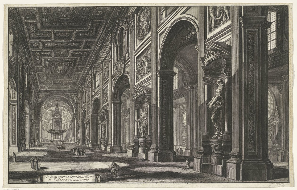 Interieur van de Sint-Jan van Lateranen te Rome Vista interior de la Basílica de S. Giovanni Laterano (título sobre objeto) Gezichten op Rome (título de la serie) Vistas de Roma diseñadas y grabadas por el arquitecto Giambattista Piranesi Ve (nez) iano (tí de Giovanni Battista Piranesi