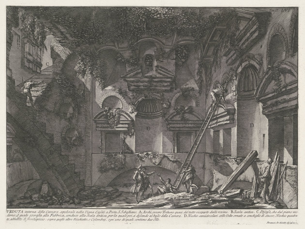 Interieur van draftombe bij Vigna Casali Vista interna de la cámara sepulcral en el viñedo Casali en Porta S. Sebastiano (título sobre objeto) Archeologische vondsten in en rond Rome (título de la serie) Antigüedades romanas (título de la serie) de Giovanni Battista Piranesi