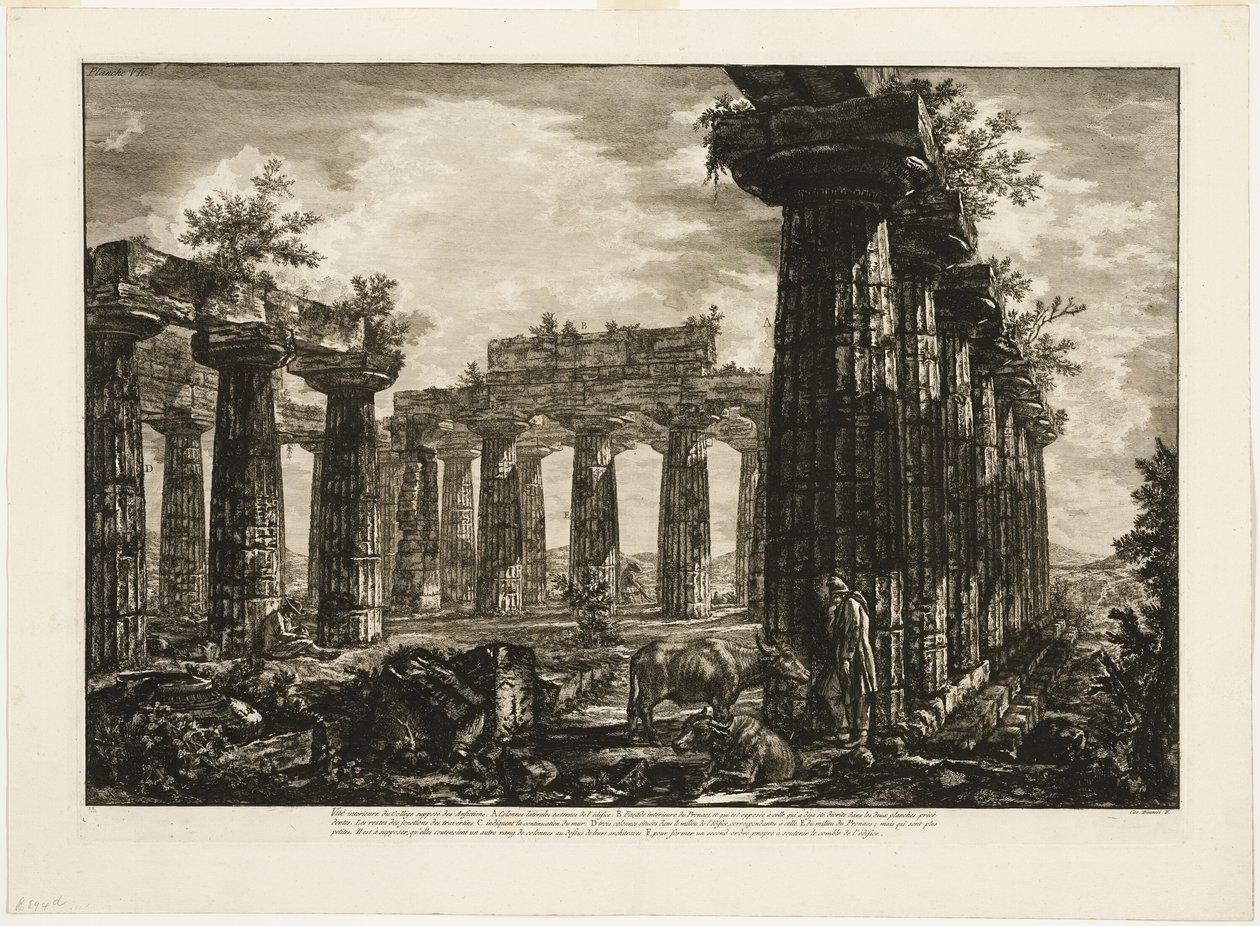 Vista interior del llamado Colegio de los Anfictiones, de Diferentes vistas de Paestum de Giovanni Battista Piranesi