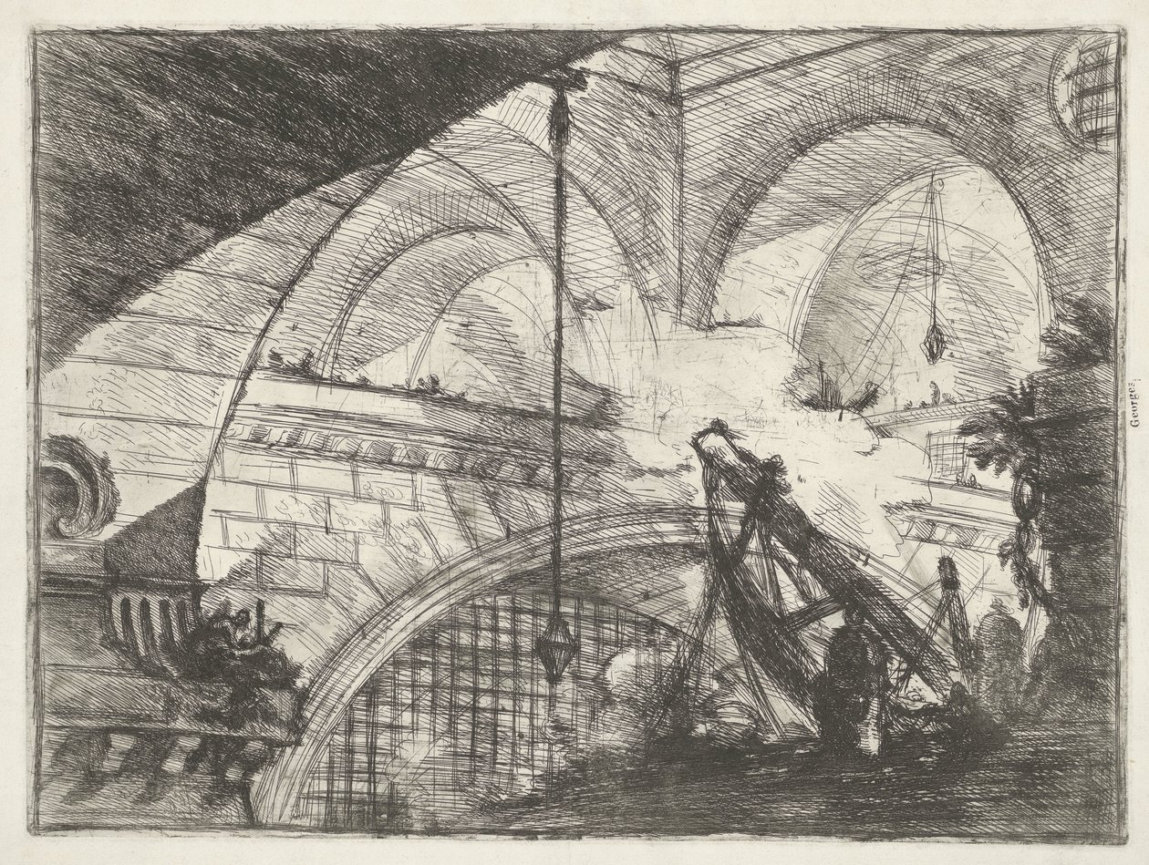 Calabozo con instalación elevadora Arco con adorno de concha Mazmorras (título de la serie) Invenzioni Capric di Carceri all Acqua Forte (título de la serie) de Giovanni Battista Piranesi