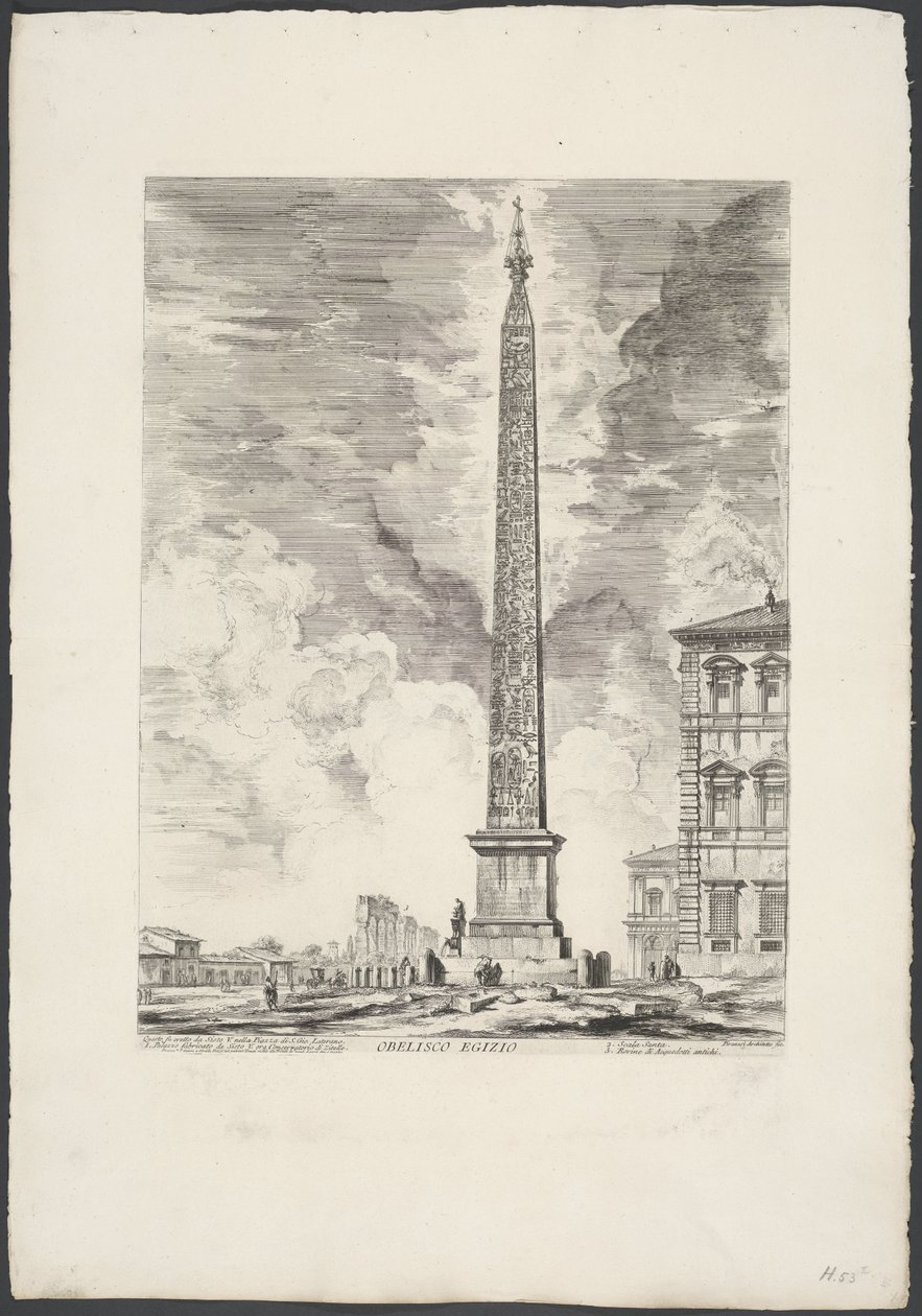 Obelisco de Lateraanse en Roma Obelisco egipcio (título sobre objeto) Gezichten op Rome (título de la serie) Vistas de Roma diseñadas y grabadas por el arquitecto Giambattista Piranesi Ve (nez) iano (título de la serie) de Giovanni Battista Piranesi