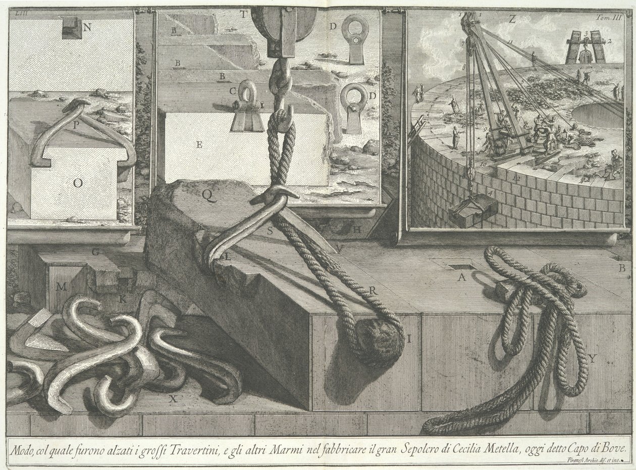 Medios por los cuales se levantaron los grandes bloques de travertino y mármol..., 1756-57 de Giovanni Battista Piranesi