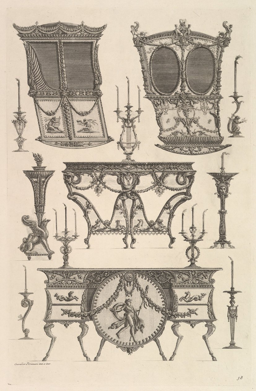 Mobiliario diverso incluyendo dos sillas de manos, una mesa auxiliar y una cómoda, ca. 1769 de Giovanni Battista Piranesi