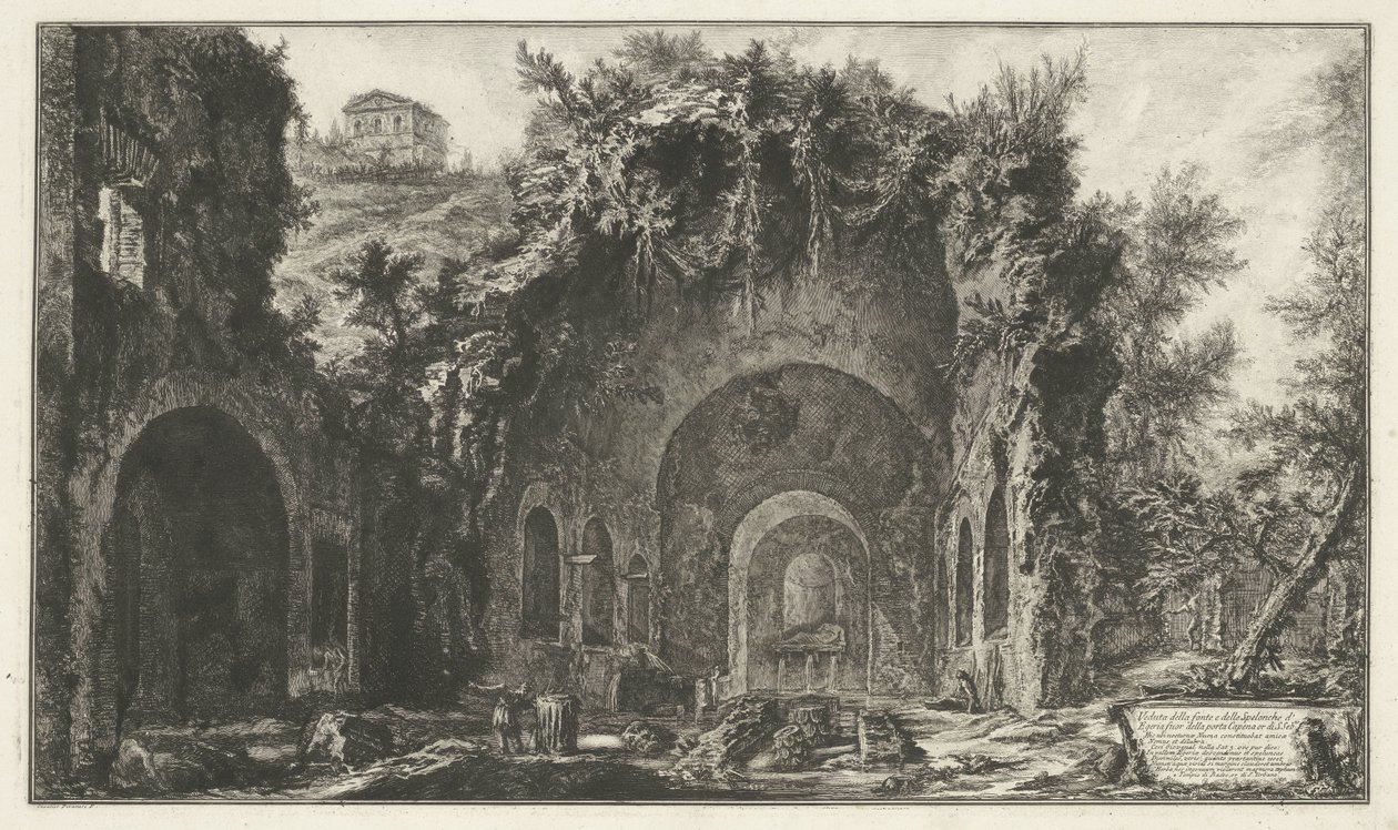 Ninfeo van Egeria bij Roma Vista de la fuente y las Cuevas de Egipto fuera de la Porta Capena o di S. Seb.no (...) (título sobre el objeto) Gezichten op Rome (título de la serie) Vistas de Roma diseñadas y grabadas por el arquitecto Giambattista Piranesi V de Giovanni Battista Piranesi