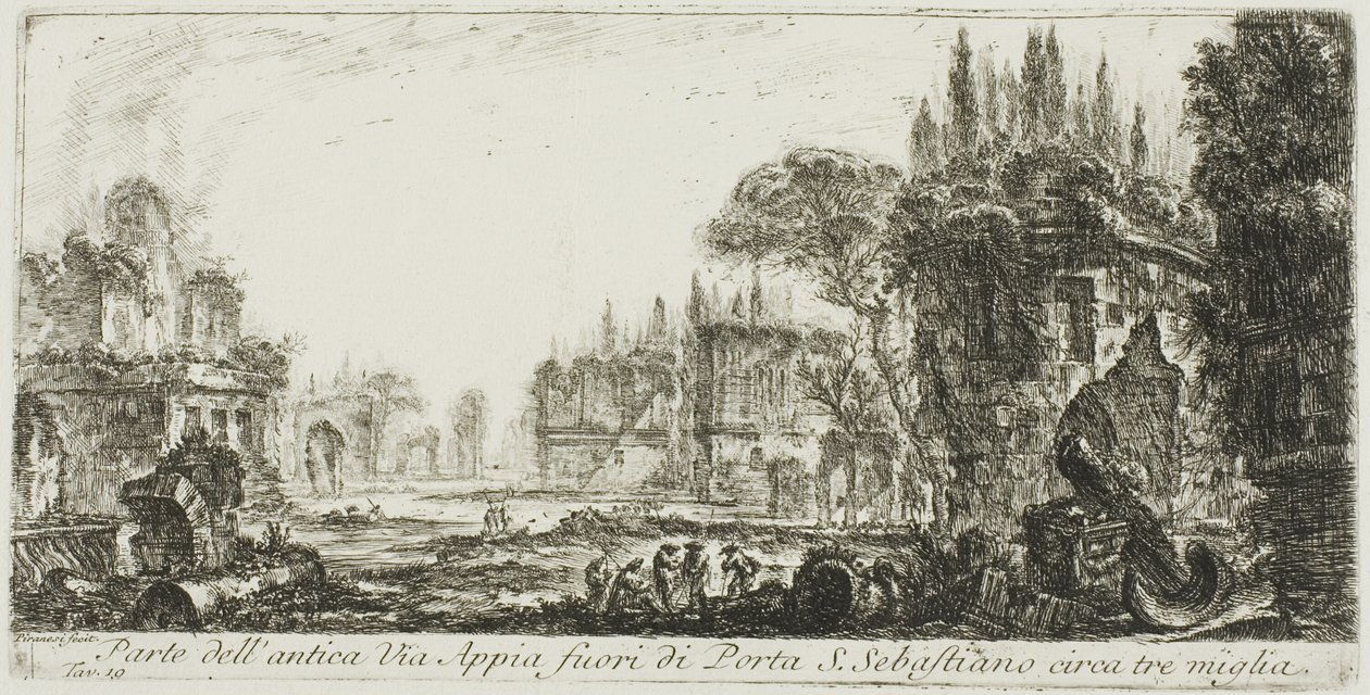 Parte de la antigua Vía Apia a unas tres millas fuera de Porta S. Sebastiano, placa 19 de Algunas vistas de arcos triunfales y otros monumentos de Giovanni Battista Piranesi