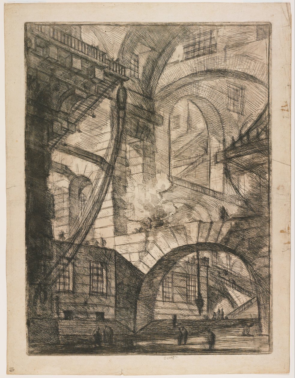 Perspectiva de arcos, con un fuego humeante, Placa 6 de Carceri d