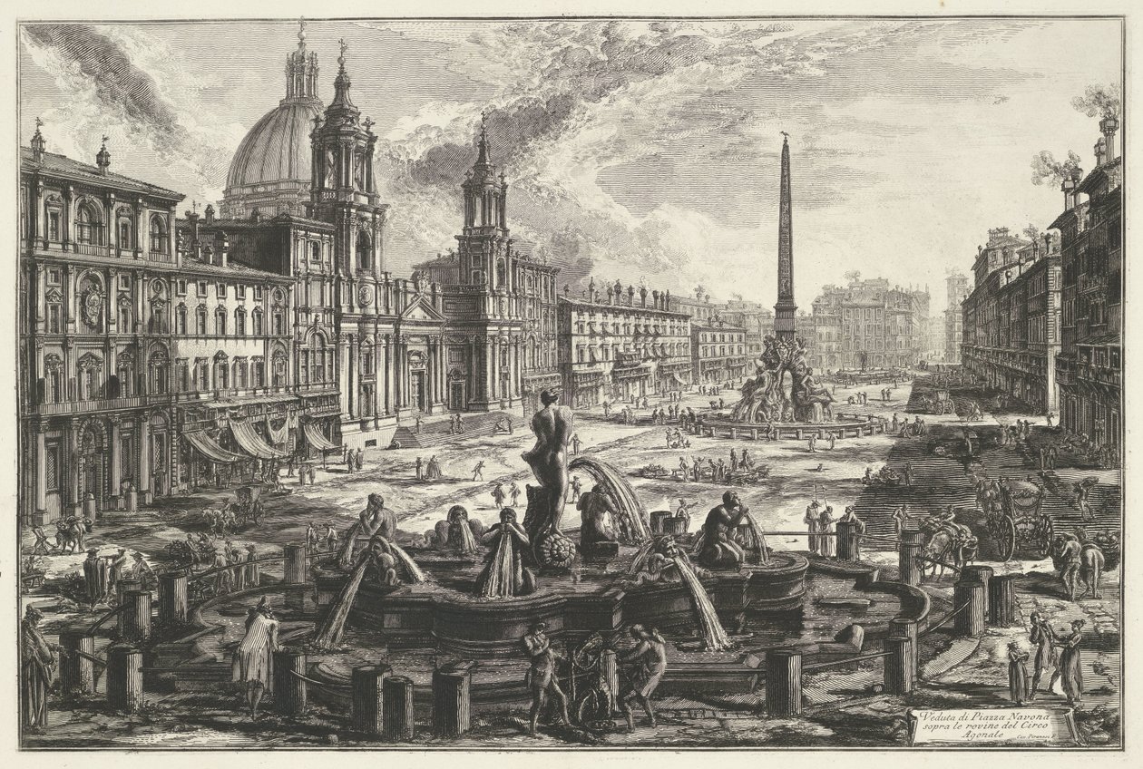Plaza Navona de Roma Vista de Piazza Navona sobre las ruinas del Circo Agonal (título sobre objeto) Gezichten op Rome (título de la serie) Vistas de Roma diseñadas y grabadas por el arquitecto Giambattista Piranesi Ve (nez) iano (título de la serie) de Giovanni Battista Piranesi