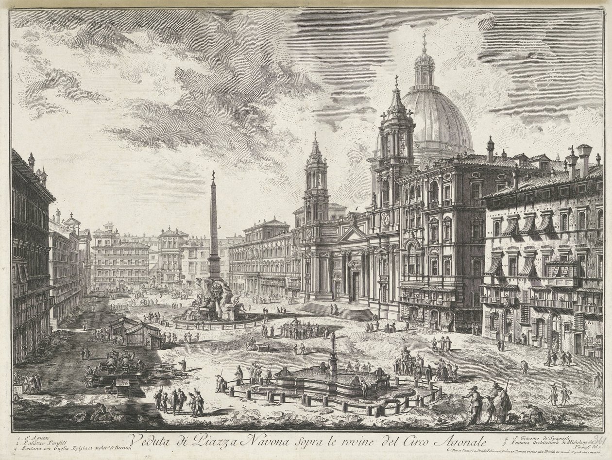 Plaza Navona de Roma Vista de Piazza Navona sobre las ruinas del Circo Agonal (título sobre objeto) Gezichten op Rome (título de la serie) Vistas de Roma diseñadas y grabadas por el arquitecto Giambattista Piranesi Ve (nez) iano (título de la serie) de Giovanni Battista Piranesi