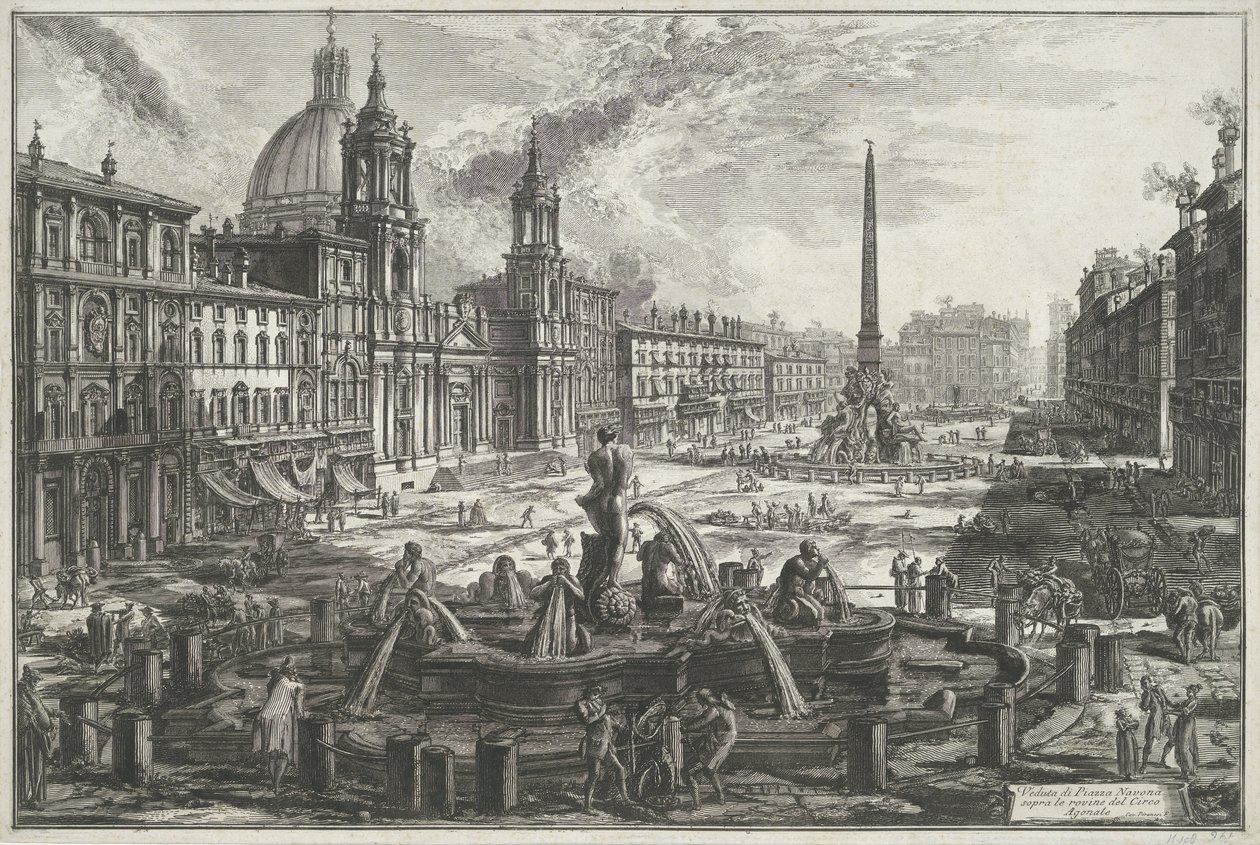 Plaza Navona de Roma Vista de Piazza Navona sobre las ruinas del Circo Agonal (título sobre objeto) Gezichten op Rome (título de la serie) Vistas de Roma diseñadas y grabadas por el arquitecto Giambattista Piranesi Ve (nez) iano (título de la serie) de Giovanni Battista Piranesi