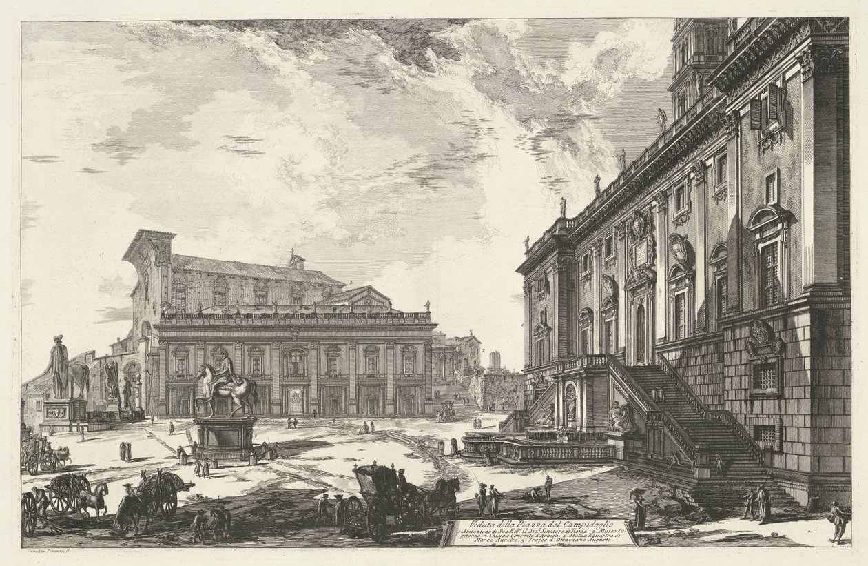 Plaza del Campidoglio de Roma Vista de la Piazza del Campidoglio (título sobre objeto) Gezichten op Rome (título de la serie) Vistas de Roma diseñadas y grabadas por el arquitecto Giambattista Piranesi Ve (nez) iano (título de la serie) de Giovanni Battista Piranesi