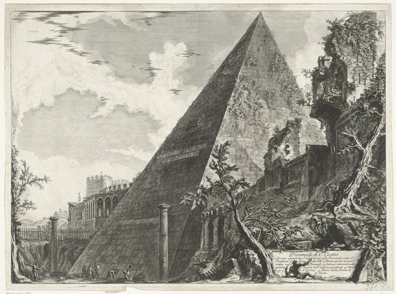 Pirámide de Cestio de Roma Pirámide de C. Cestio (título sobre objeto) Gezichten op Rome (título de la serie) Vistas de Roma diseñadas y grabadas por el arquitecto Giambattista Piranesi Ve (nez) iano (título de la serie) de Giovanni Battista Piranesi