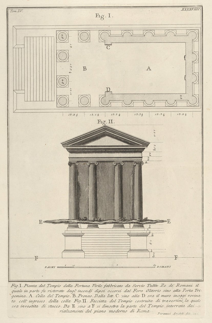 Plano y fachada del Templo de Fortuna Virilis, Tempio della Fortuna Virile, de la s..., 1756 de Giovanni Battista Piranesi