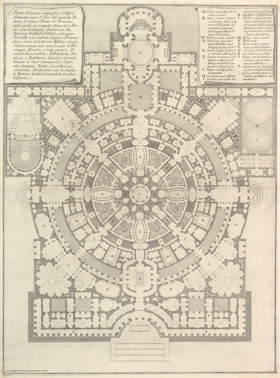 Plano de un colegio espacioso y magnífico diseñado según los antiguos gimnasios de los griegos, 1750 de Giovanni Battista Piranesi