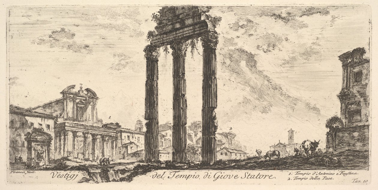 Placa 10: Ruinas del Templo de Júpiter Stator, Júpiter el Apoyo. 1. Templo de ..., ca. 1748 de Giovanni Battista Piranesi