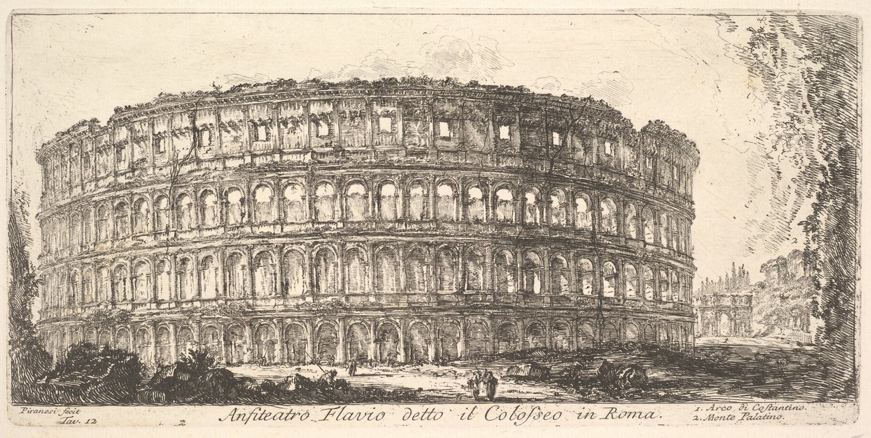 Placa 12: Anfiteatro Flavio, llamado el Coliseo. 1. Arco de Constantino. 2. Palat de Giovanni Battista Piranesi