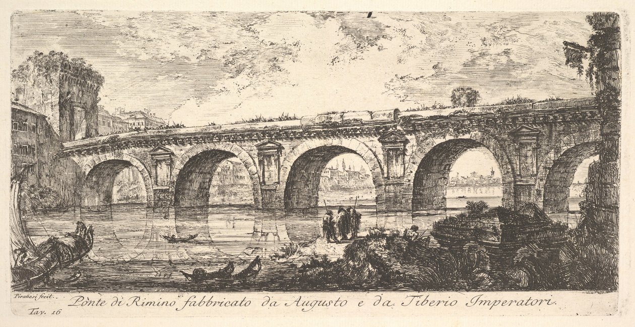 Placa 16: El puente en Rímini construido por los emperadores Augusto y Tiberio de Giovanni Battista Piranesi
